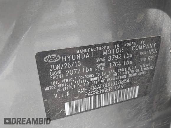 2013 Hyundai Elantra GLS with VIN KMHDH4AE0DU918854, listed as a IAAI auction lot 43033466 with 133,563 mi miles and . Bid and sale history available at DreamBid. Image 9.