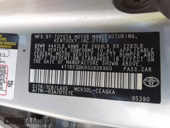 2005 Toyota Camry LE with VIN 4T1BF30K65U606960, listed as a IAAI auction lot 42953319 with 192,835 mi miles and . Bid and sale history available at DreamBid. Image 9.