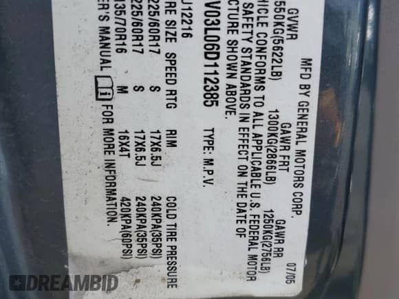 2006 Saturn Relay 2 FWD with VIN 5GZDV03L06D112385, listed as a Copart auction lot 66605574 with 84,507 mi miles and Clean title. Bid and sale history available at DreamBid. Image 13.