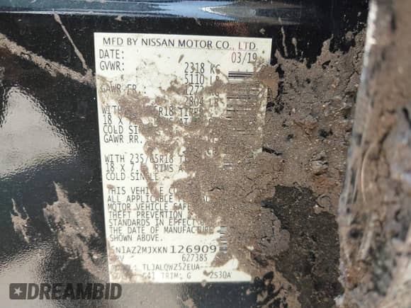 2019 Nissan Murano SL with VIN 5N1AZ2MJXKN126909, listed as a IAAI auction lot 42441034 with 76,356 mi miles and . Bid and sale history available at DreamBid. Image 9.