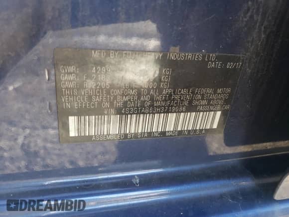 2017 Subaru Impreza Premium с VIN 4S3GTAB63H3719086, выставлен на аукционе Copart как лот 83927135 с пробегом 65 818 миль миль и Списание • Salvage title. История ставок и продаж доступна на DreamBid. Изображение 12.