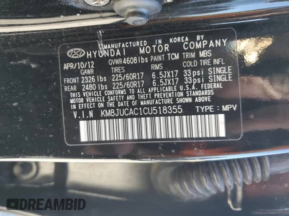 2012 Hyundai Tucson GLS z VIN KM8JUCAC1CU518355, wystawiony jako Copart lot #46622915 z przebiegiem 75 175 mil mil oraz Szkoda całkowita • Salvage title. Historia ofert i sprzedaży dostępna na DreamBid. Obrazek 13.