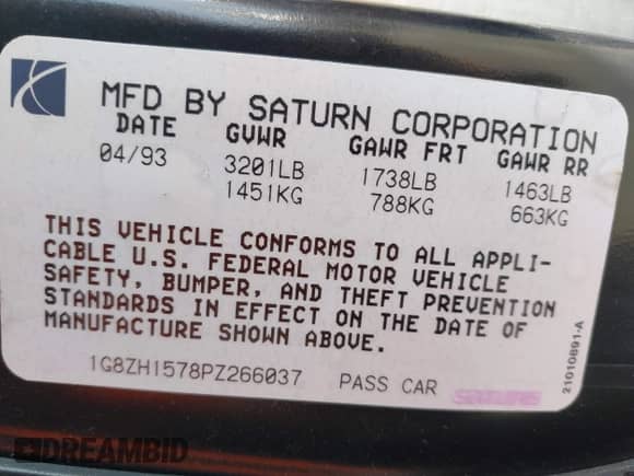 1993 Saturn SC with VIN 1G8ZH1578PZ266037, listed as a IAAI auction lot 42052067 with 62,355 mi miles and . Bid and sale history available at DreamBid. Image 9.