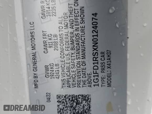 2022 Chevrolet Camaro 2LT z VIN 1G1FD1RSXN0124074, wystawiony jako Copart lot #41914925 z przebiegiem 42 884 mil mil oraz Szkoda całkowita • Salvage title. Historia ofert i sprzedaży dostępna na DreamBid. Obrazek 12.
