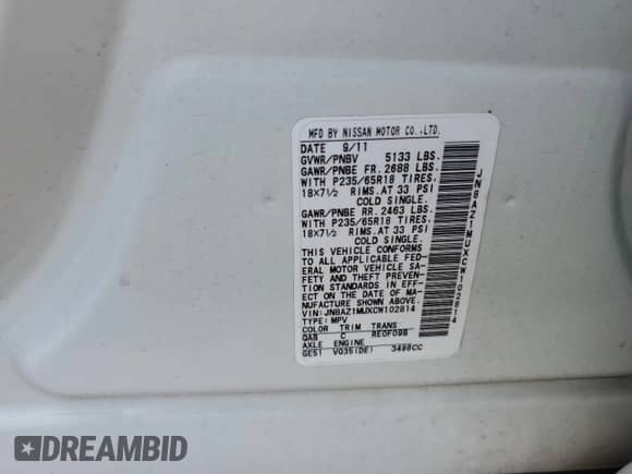 2012 Nissan Murano S with VIN JN8AZ1MUXCW102814, listed as a Copart auction lot 66614245 with 168,948 mi miles and Salvage title. Bid and sale history available at DreamBid. Image 13.