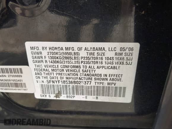 2006 Honda Pilot EX-L z VIN 5FNYF18536B025377, wystawiony jako IAAI lot #42739941 z przebiegiem 362 896 mil mil oraz . Historia ofert i sprzedaży dostępna na DreamBid. Obrazek 9.