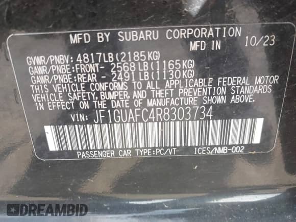 2024 Subaru Impreza Special Sports with VIN JF1GUAFC4R8303734, listed as a IAAI auction lot 43238774 with 24,469 mi miles and . Bid and sale history available at DreamBid. Image 9.