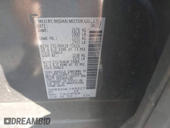 2022 Nissan Pathfinder SL with VIN 5N1DR3CA5NC249327, listed as a IAAI auction lot 43303685 with 71,274 mi miles and . Bid and sale history available at DreamBid. Image 9.