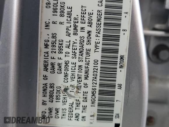 2007 Honda Accord VP с VIN 1HGCM56127A032100, выставлен на аукционе Copart как лот 86660185 с пробегом 201 083 миль миль и Чистый • Clean title. История ставок и продаж доступна на DreamBid. Изображение 12.