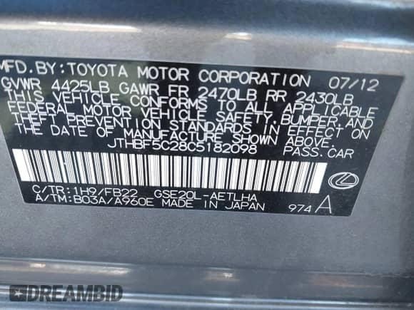 2012 Lexus IS 250 z VIN JTHBF5C28C5182098, wystawiony jako IAAI lot #41344801 z przebiegiem 178 233 mil mil oraz . Historia ofert i sprzedaży dostępna na DreamBid. Obrazek 9.