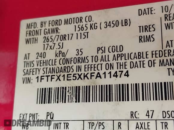 2019 Ford F-150 XL with VIN 1FTFX1E5XKFA11474, listed as a IAAI auction lot 43099599 with 101,431 mi miles and . Bid and sale history available at DreamBid. Image 9.