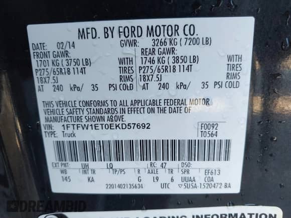 2014 Ford F-150 XL z VIN 1FTFW1ET0EKD57692, wystawiony jako IAAI lot #41257515 z przebiegiem 39 662 mil mil oraz . Historia ofert i sprzedaży dostępna na DreamBid. Obrazek 9.