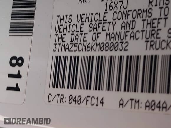 2019 Toyota Tacoma SR5 with VIN 3TMAZ5CN6KM080032, listed as a IAAI auction lot 43158275 with 80,081 mi miles and . Bid and sale history available at DreamBid. Image 9.