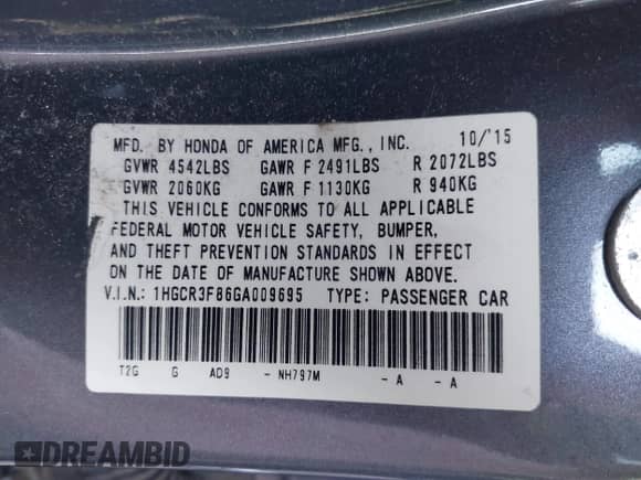 2016 Honda Accord EX-L с VIN 1HGCR3F86GA009695, выставлен на аукционе IAAI как лот 42616917 с пробегом 131 982 миль миль и . История ставок и продаж доступна на DreamBid. Изображение 9.