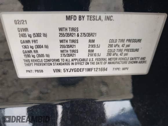 2021 Tesla Model Y Performance with VIN 5YJYGDEF1MF121694, listed as a IAAI auction lot 43168322 with 39,243 mi miles and . Bid and sale history available at DreamBid. Image 9.