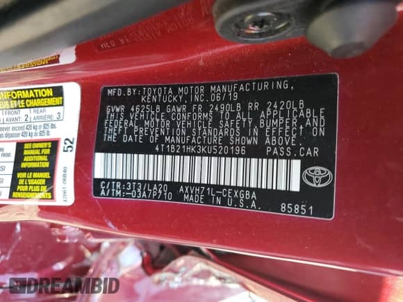 2019 Toyota Camry Hybrid SE с VIN 4T1B21HK3KU520196, выставлен на аукционе Copart как лот 81698945 с пробегом 45 060 миль миль и Списание • Salvage title. История ставок и продаж доступна на DreamBid. Изображение 12.