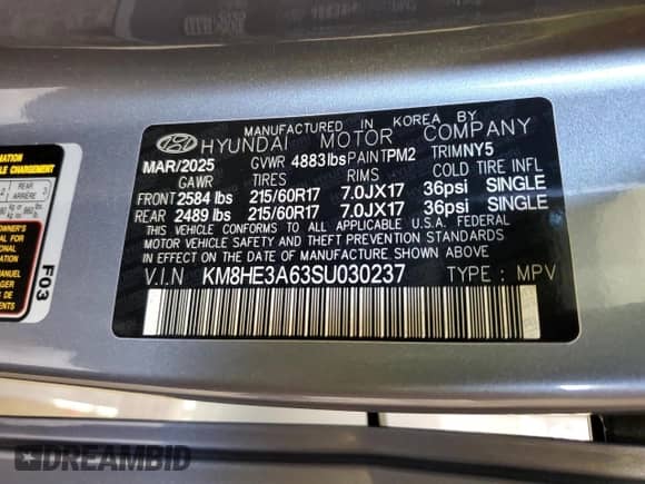 2025 Hyundai Kona Limited с VIN KM8HE3A63SU030237, выставлен на аукционе Copart как лот 85346055 с пробегом 1 155 миль миль и Списание • Salvage title. История ставок и продаж доступна на DreamBid. Изображение 14.