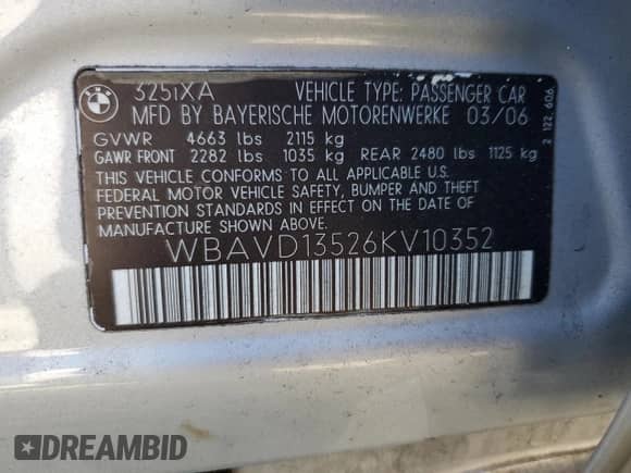 2006 BMW 3 Series 325xi with VIN WBAVD13526KV10352, listed as a Copart auction lot 71769245 with 181,147 mi miles and Salvage title. Bid and sale history available at DreamBid. Image 12.