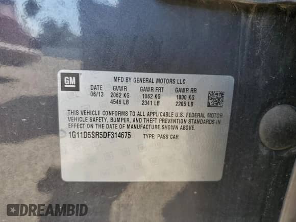 2013 Chevrolet Malibu Eco с VIN 1G11D5SR5DF314675, выставлен на аукционе Copart как лот 82226585 с пробегом 136 598 миль миль и Списание • Salvage title. История ставок и продаж доступна на DreamBid. Изображение 12.