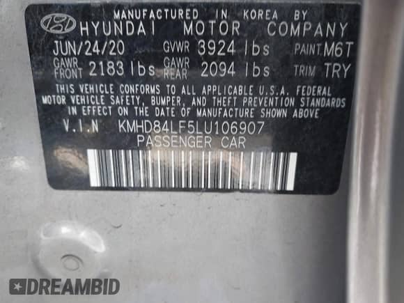 2020 Hyundai Elantra Value Edition with VIN KMHD84LF5LU106907, listed as a IAAI auction lot 43414995 with 43,945 mi miles and . Bid and sale history available at DreamBid. Image 9.