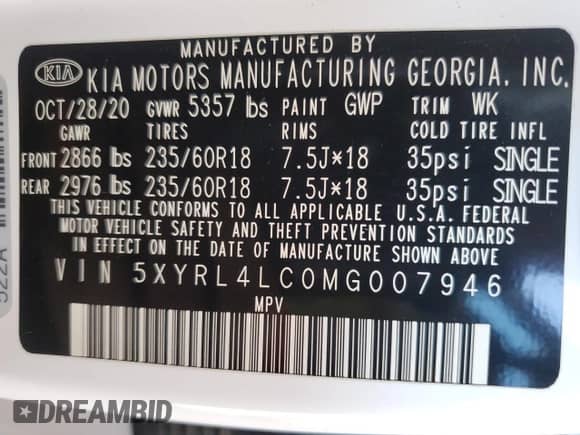 2021 Kia Sorento S with VIN 5XYRL4LC0MG007946, listed as a Copart auction lot 87070725 with 121,077 mi miles and Salvage title. Bid and sale history available at DreamBid. Image 13.