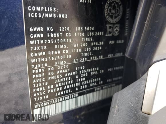 2017 Volkswagen Tiguan с VIN WVGMV7AX6HK002838, выставлен на аукционе Copart как лот 64211654 с пробегом 85 386 миль миль и Списание • Salvage title. История ставок и продаж доступна на DreamBid. Изображение 12.