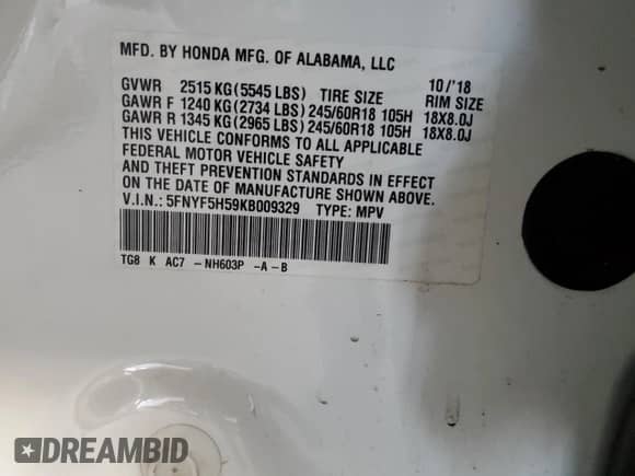 2019 Honda Pilot EX-L с VIN 5FNYF5H59KB009329, выставлен на аукционе Copart как лот 86314155 с пробегом 105 055 миль миль и Списание • Salvage title. История ставок и продаж доступна на DreamBid. Изображение 13.