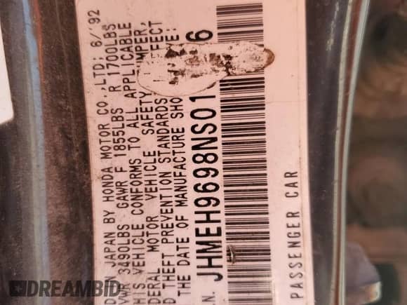 1992 Honda Civic с VIN JHMEH9698NS013436, выставлен на аукционе Copart как лот 69823675 с пробегом 283 443 миль миль и Списание • Salvage title. История ставок и продаж доступна на DreamBid. Изображение 12.