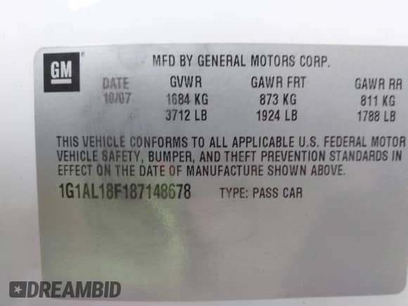 2008 Chevrolet Cobalt LT с VIN 1G1AL18F187148678, выставлен на аукционе IAAI как лот 42891119 с пробегом Не указан миль и . История ставок и продаж доступна на DreamBid. Изображение 9.