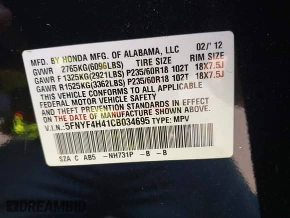 2012 Honda Pilot EX with VIN 5FNYF4H41CB034695, listed as a IAAI auction lot 42857001 with Not provided miles and . Bid and sale history available at DreamBid. Image 9.