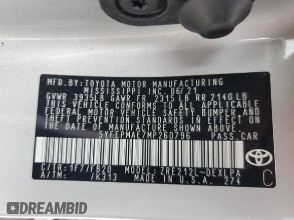2021 Toyota Corolla LE with VIN 5YFEPMAE7MP260796, listed as a Copart auction lot 85521305 with 96,014 mi miles and Salvage title. Bid and sale history available at DreamBid. Image 12.