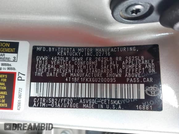 2016 Toyota Camry SE with VIN 4T1BF1FKXGU200095, listed as a IAAI auction lot 43433683 with 176,989 mi miles and . Bid and sale history available at DreamBid. Image 9.