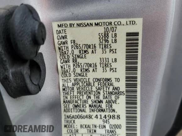 2008 Nissan Frontier SE с VIN 1N6AD06U48C414988, выставлен на аукционе Copart как лот 51696035 с пробегом 182 183 миль миль и Списание • Salvage title. История ставок и продаж доступна на DreamBid. Изображение 13.