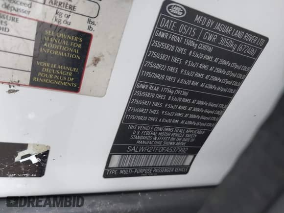 2015 Land Rover Range Rover Sport Supercharged with VIN SALWR2TF0FA537992, listed as a IAAI auction lot 41630413 with 109,113 mi miles and . Bid and sale history available at DreamBid. Image 9.