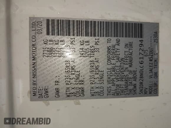 2020 Nissan Pathfinder SV with VIN 5N1DR2BN0LC617294, listed as a IAAI auction lot 43269903 with 89,138 mi miles and . Bid and sale history available at DreamBid. Image 9.