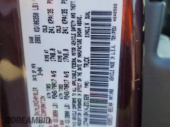 2004 Dodge 1500 ST с VIN 1D7HA16N14J231620, выставлен на аукционе Copart как лот 82283065 с пробегом 65 840 миль миль и Списание • Salvage title. История ставок и продаж доступна на DreamBid. Изображение 12.