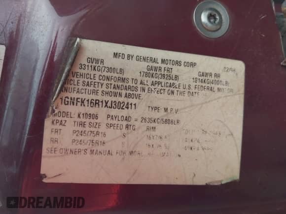1999 Chevrolet Suburban z VIN 1GNFK16R1XJ302411, wystawiony jako IAAI lot #42547469 z przebiegiem 362 879 mil mil oraz . Historia ofert i sprzedaży dostępna na DreamBid. Obrazek 9.