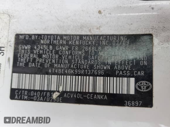 2009 Toyota Camry XLE with VIN 4T4BE46K99R137696, listed as a Copart auction lot 83952065 with 223,962 mi miles and Salvage title. Bid and sale history available at DreamBid. Image 13.