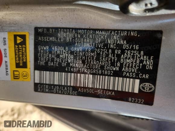 2016 Toyota Camry LE с VIN 4T4BF1FK9GR581802, выставлен на аукционе Copart как лот 86813505 с пробегом Не указан миль и Чистый • Clean title. История ставок и продаж доступна на DreamBid. Изображение 12.