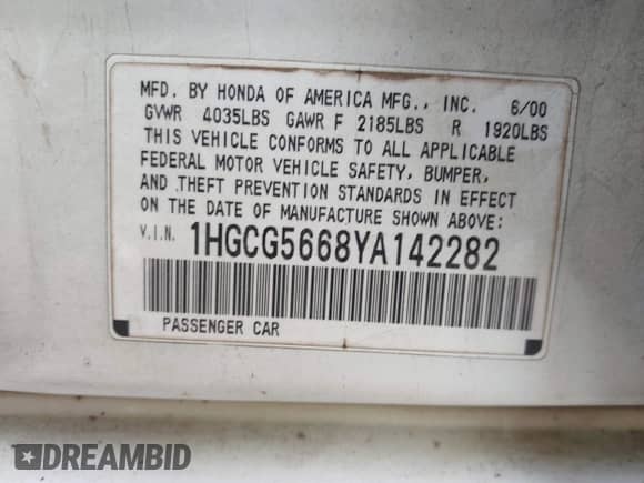 2000 Honda Accord EX with VIN 1HGCG5668YA142282, listed as a IAAI auction lot 42092234 with 246,001 mi miles and . Bid and sale history available at DreamBid. Image 9.