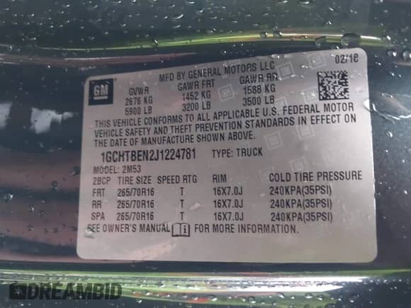 2018 Chevrolet Colorado 4WD Work Truck z VIN 1GCHTBEN2J1224781, wystawiony jako IAAI lot #41695573 z przebiegiem 51 006 mil mil oraz . Historia ofert i sprzedaży dostępna na DreamBid. Obrazek 9.