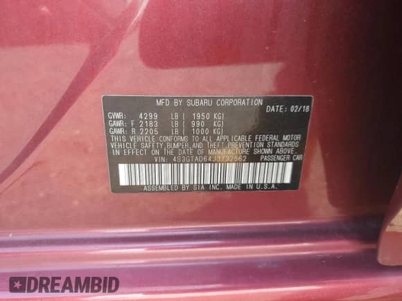 2018 Subaru Impreza Premium with VIN 4S3GTAD64J3732562, listed as a Copart auction lot 63489395 with Not provided miles and Salvage title. Bid and sale history available at DreamBid. Image 12.