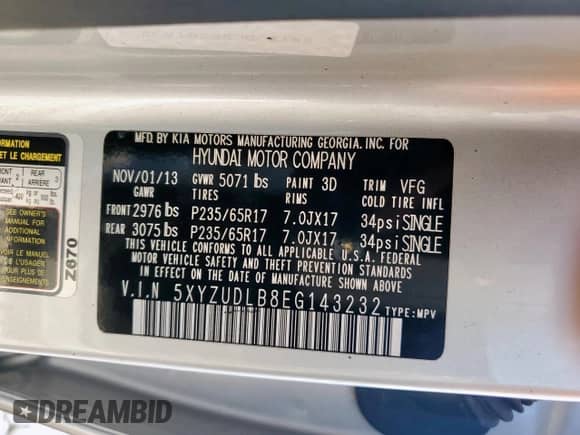 2014 Hyundai Santa Fe с VIN 5XYZUDLB8EG143232, выставлен на аукционе Copart как лот 80830075 с пробегом Не указан миль и На запчасти • Non repairable. История ставок и продаж доступна на DreamBid. Изображение 13.