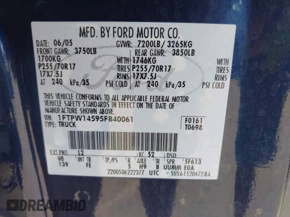 2005 Ford F-150 XLT with VIN 1FTPW14595FB40061, listed as a IAAI auction lot 43472687 with 236,806 mi miles and . Bid and sale history available at DreamBid. Image 9.