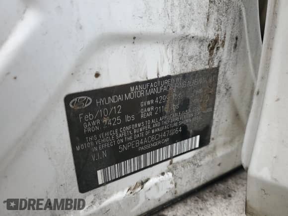 2012 Hyundai Sonata GLS with VIN 5NPEB4AC6CH471464, listed as a Copart auction lot 81790505 with 210,029 mi miles and Clean title. Bid and sale history available at DreamBid. Image 12.