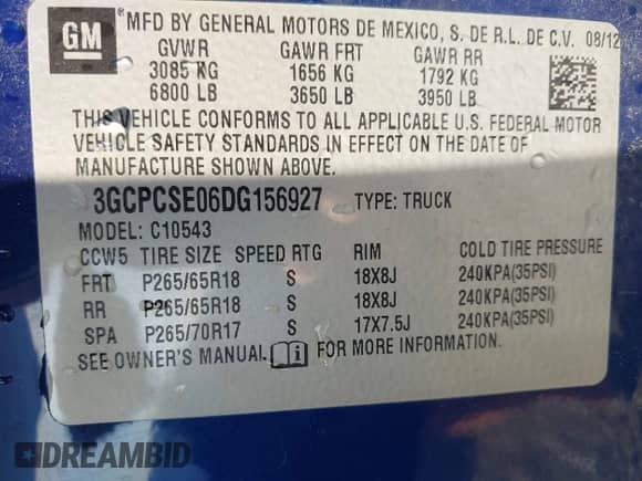 2013 Chevrolet Silverado 1500 LT with VIN 3GCPCSE06DG156927, listed as a IAAI auction lot 43409330 with 123,950 mi miles and . Bid and sale history available at DreamBid. Image 9.