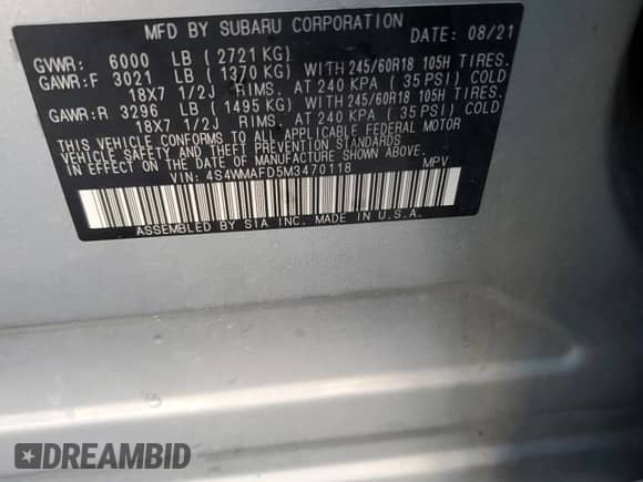 2021 Subaru Ascent Premium с VIN 4S4WMAFD5M3470118, выставлен на аукционе Copart как лот 81059895 с пробегом 105 681 миль миль и Списание • Salvage title. История ставок и продаж доступна на DreamBid. Изображение 13.