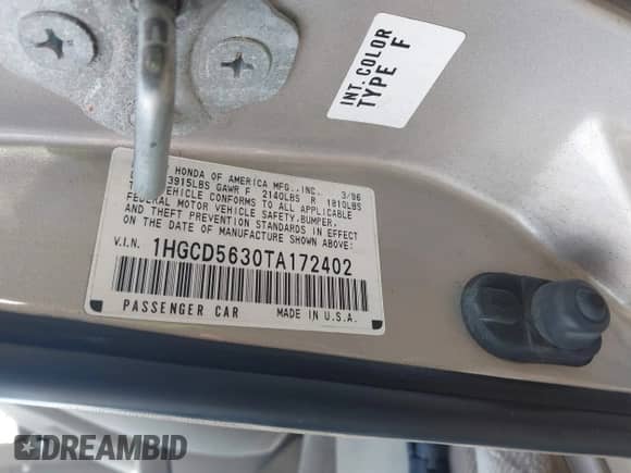 1996 Honda Accord LX with VIN 1HGCD5630TA172402, listed as a IAAI auction lot 42758297 with 209,914 mi miles and . Bid and sale history available at DreamBid. Image 9.