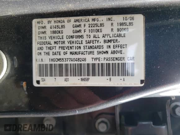 2007 Honda Accord LX SE z VIN 1HGCM55377A048246, wystawiony jako Copart lot #45537865 z przebiegiem 255 494 mil mil oraz Szkoda całkowita • Salvage title. Historia ofert i sprzedaży dostępna na DreamBid. Obrazek 12.