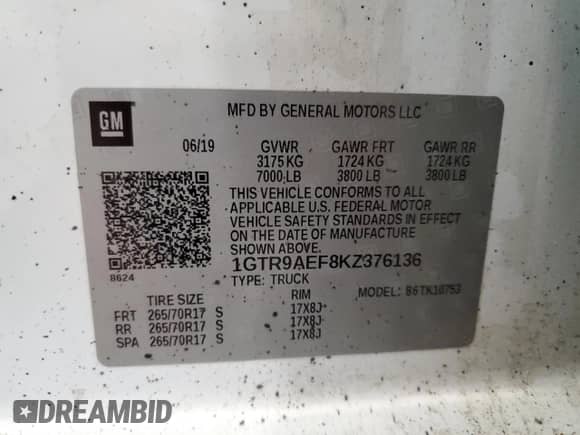 2019 GMC Sierra 1500 with VIN 1GTR9AEF8KZ376136, listed as a Copart auction lot 54483935 with 168,153 mi miles and Salvage title. Bid and sale history available at DreamBid. Image 12.